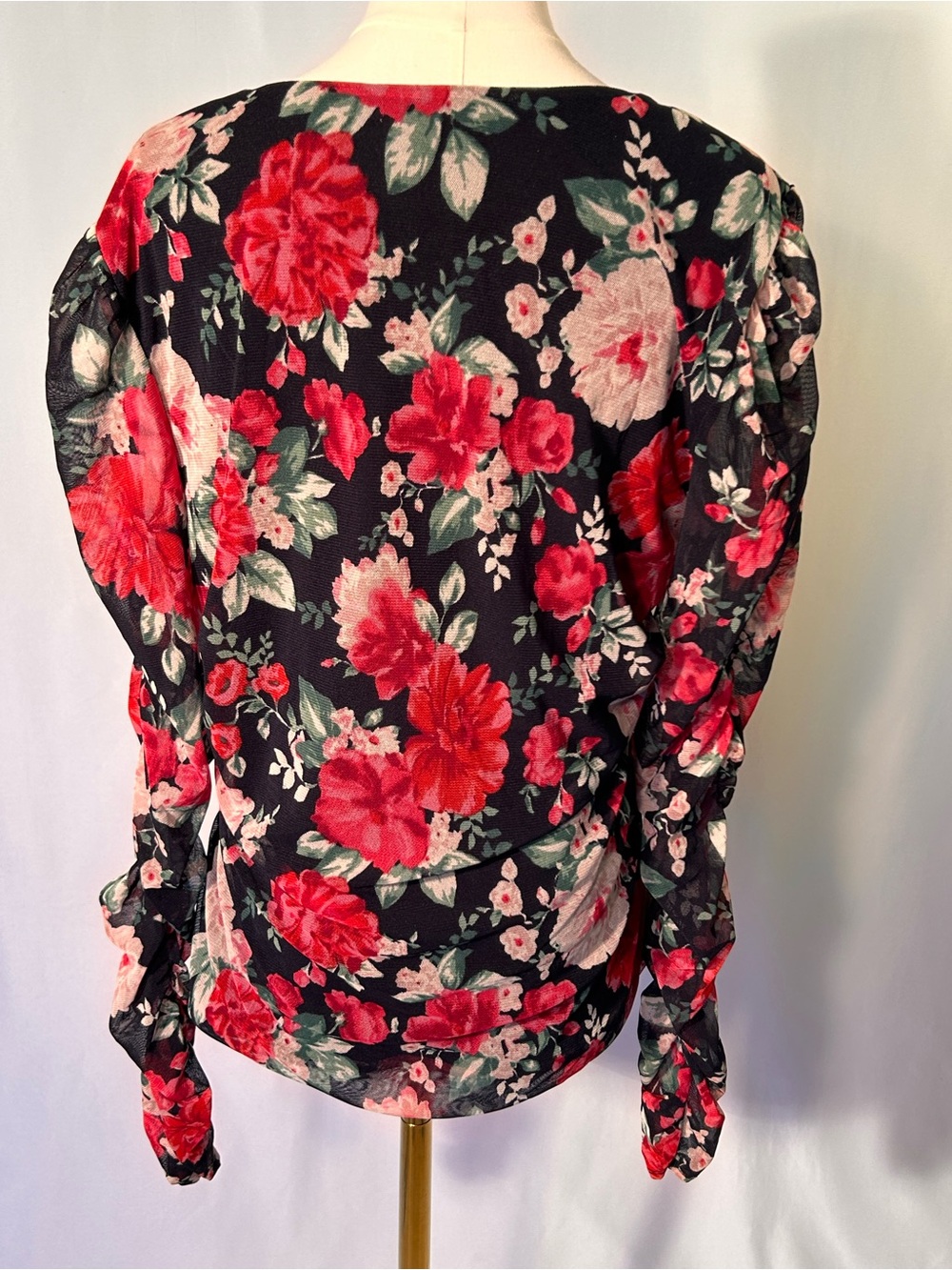 Black Red Floral Mesh Ruched Sweetheart Top XXL Whimsigoth Cottagecore - Picture 3 of 12